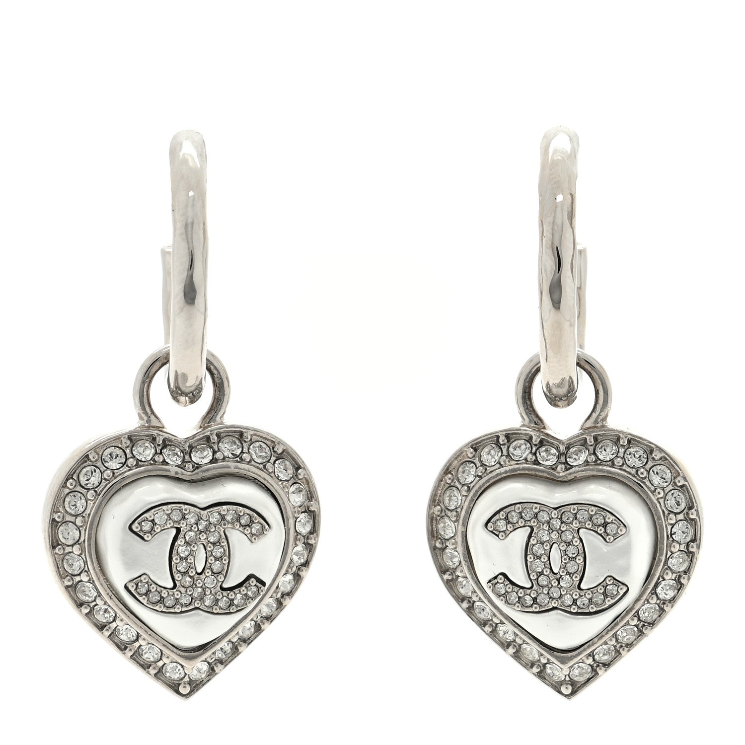 Chanel Pearl Crystal CC Heart Drop Earrings Silver 1 of 4
