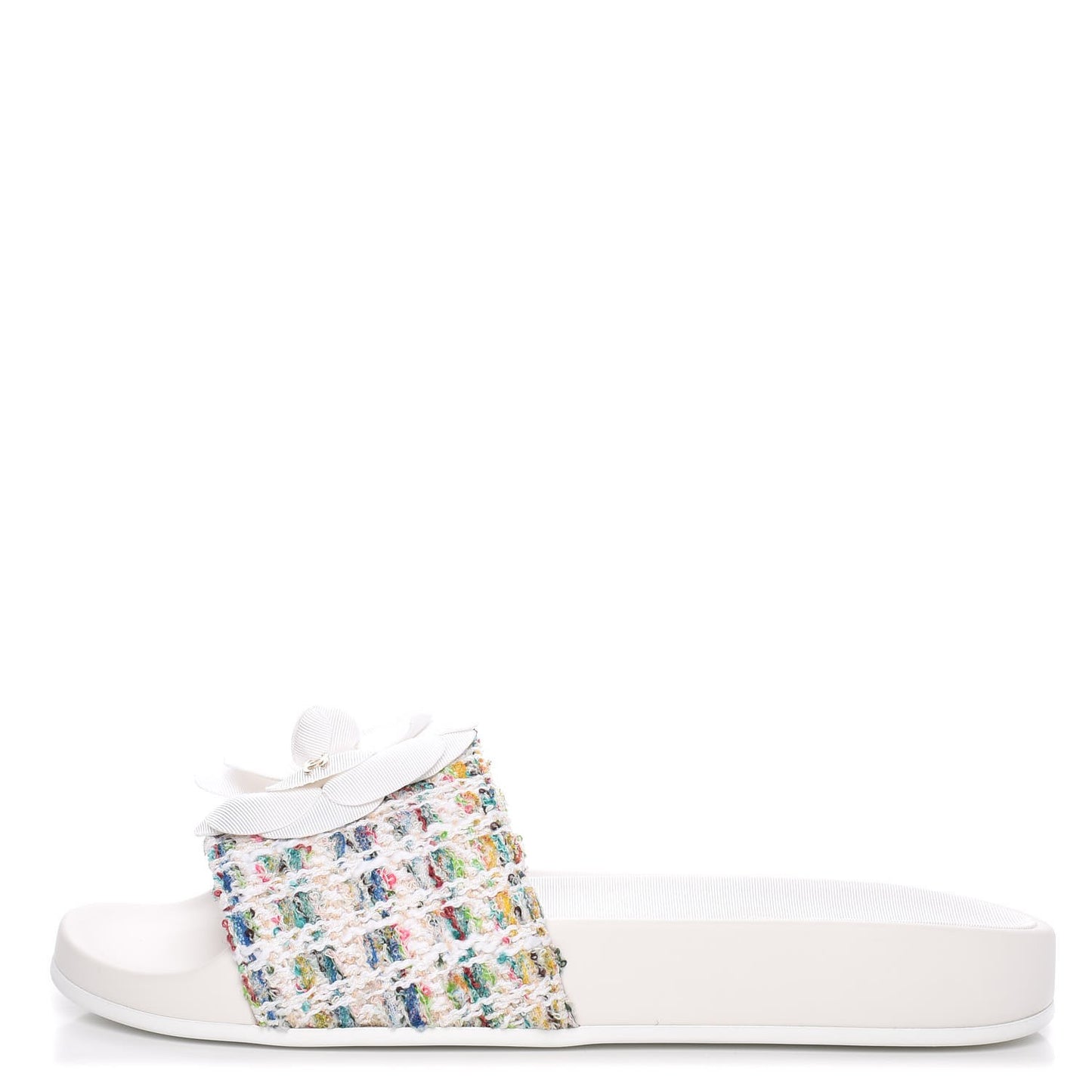 Tweed Grosgrain Camellia Mule Sandal 35 Ecru Green Ivory