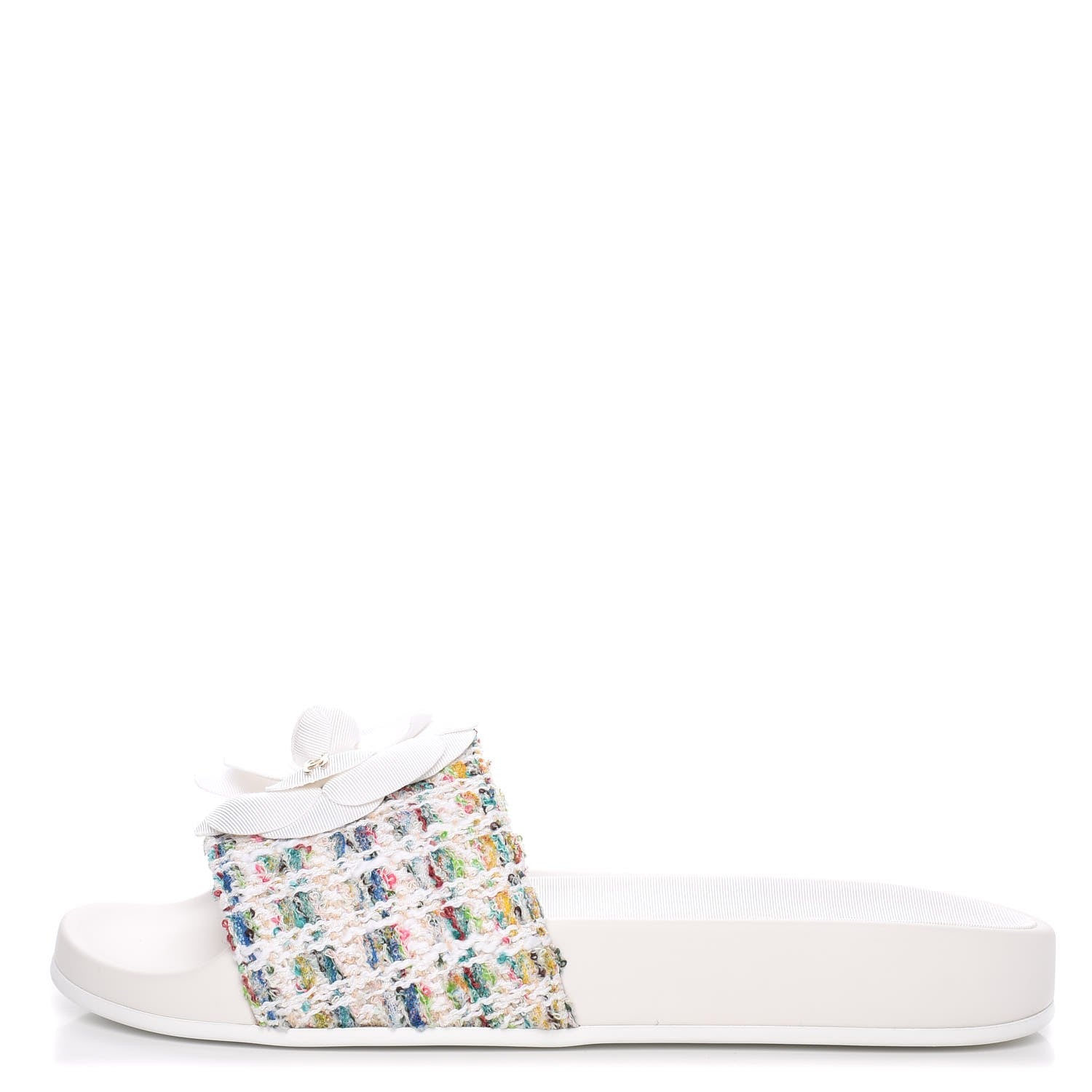 Chanel Tweed Grosgrain Camellia Mule Sandal 35 Ecru Green Ivory 1 of 10