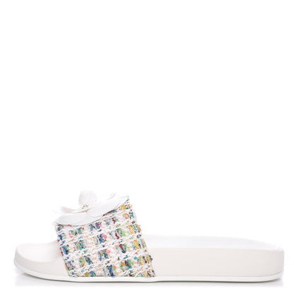 Chanel Tweed Grosgrain Camellia Mule Sandal 35 Ecru Green Ivory 1 of 10
