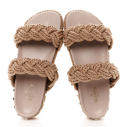 Valentino Garavani Calfskin Silk Woven Rockstud Torchon 5mm Sandals 40 Poudre 2 of 9