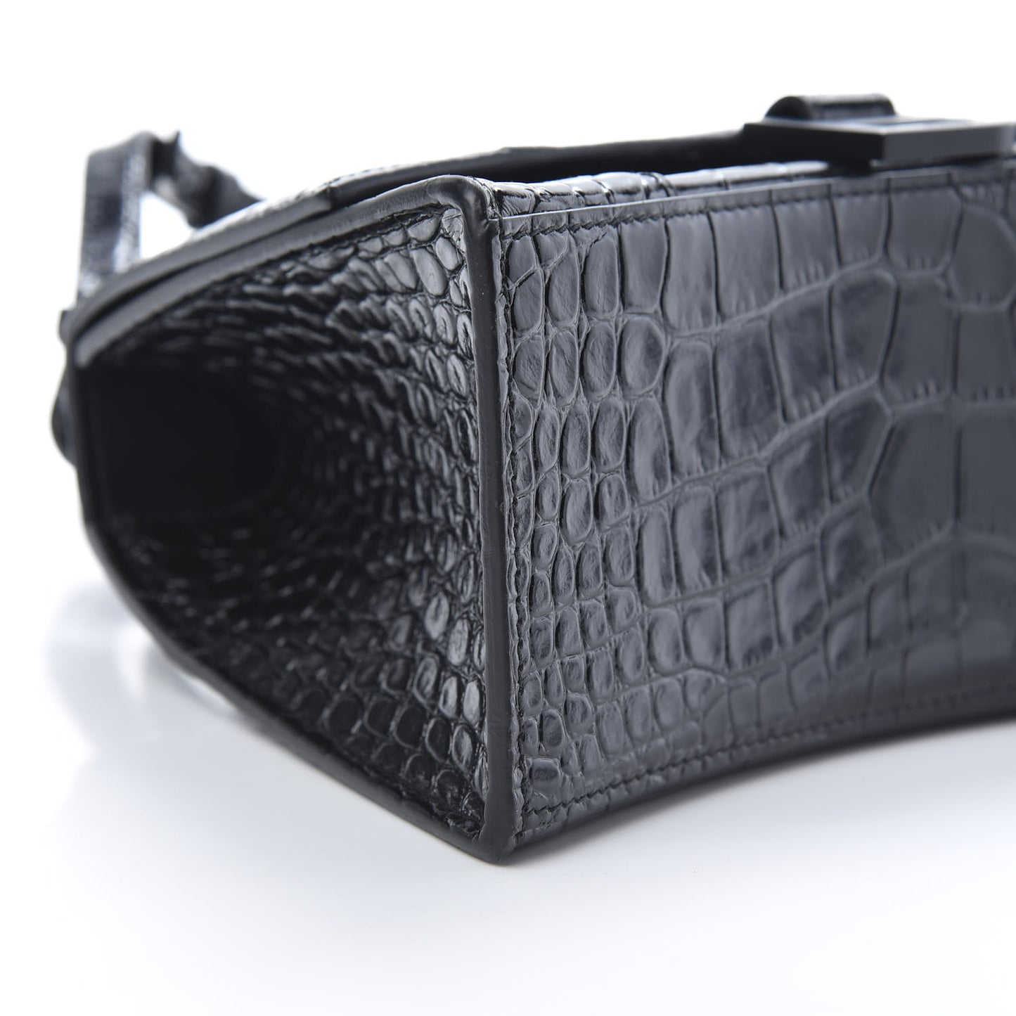 Shiny Calfskin Monochrome Crocodile Embossed Small Hourglass Top Handle Bag Black