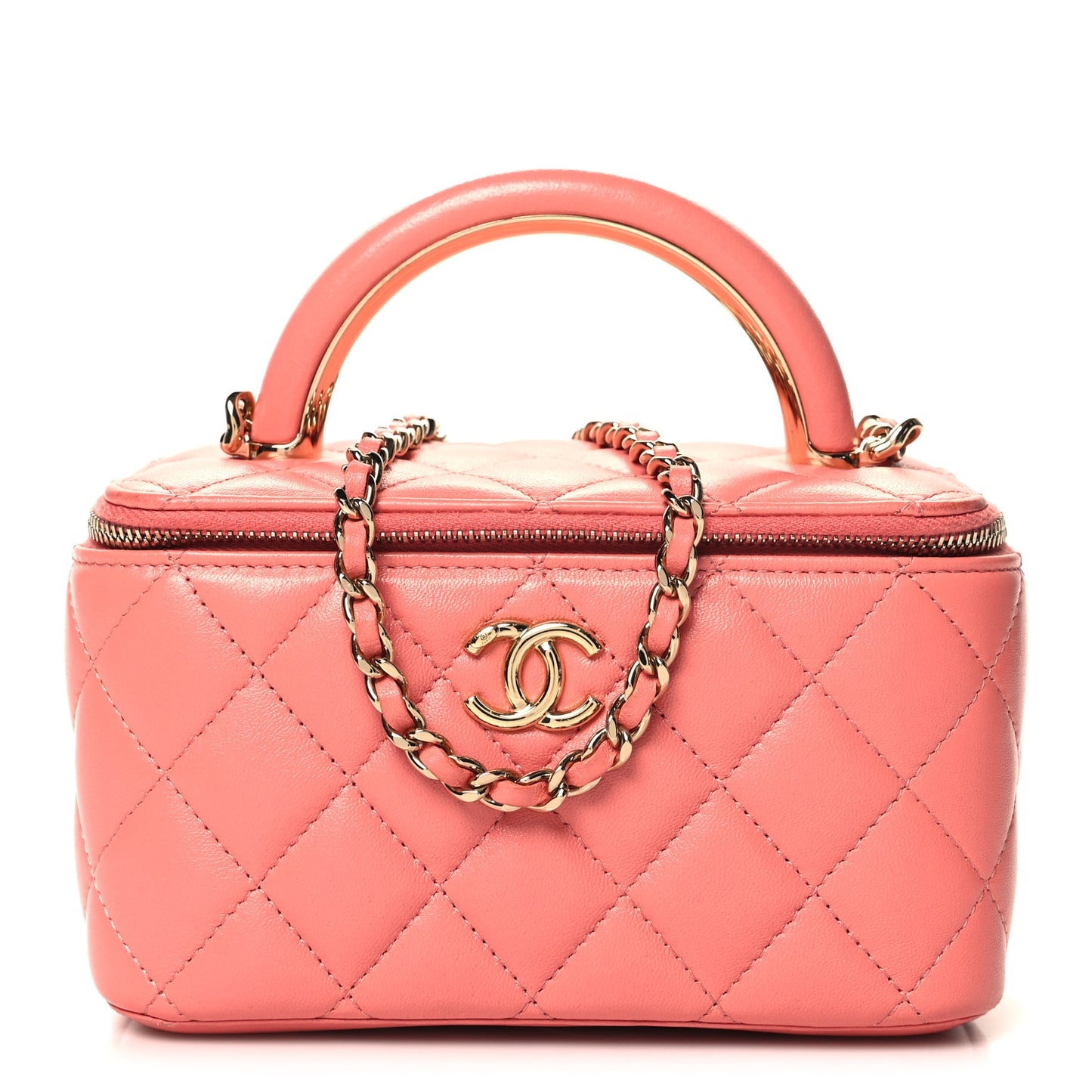 Lambskin Quilted Small Charming Top Handle Vanity Case With Chain Pink