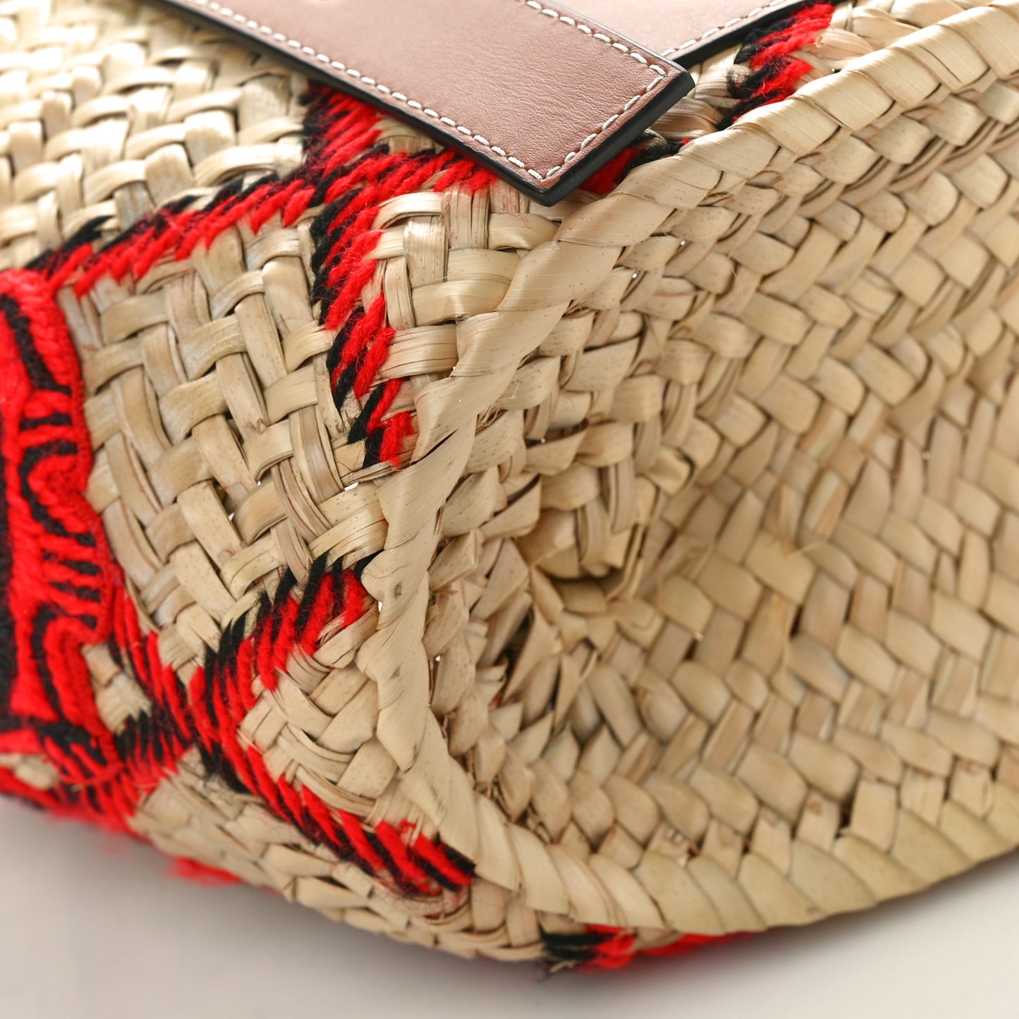 Embroidered Raffia Basket Tote Bag Natural Tan Red