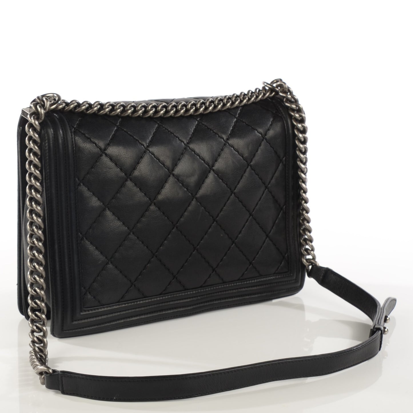Calfskin Double Stitch Large Boy Flap Black