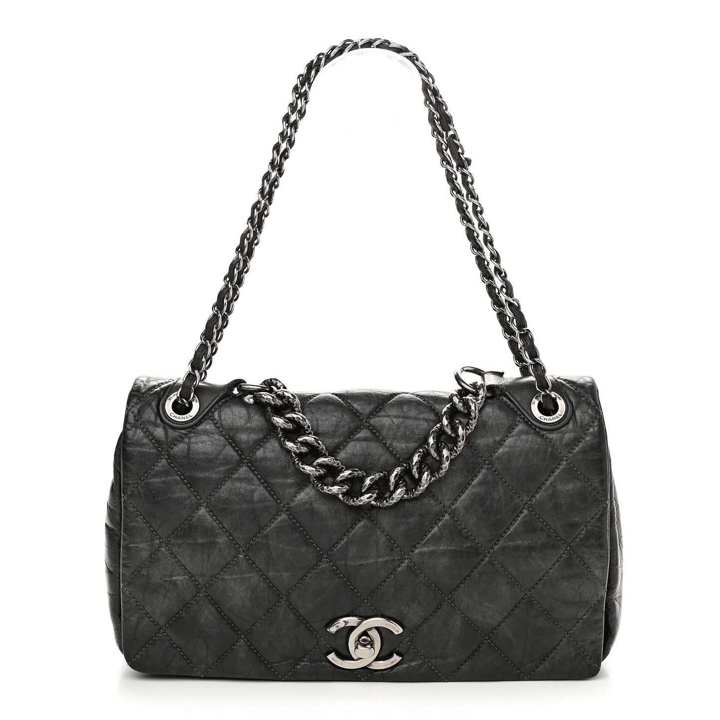 Aged Calfskin Quilted Medium Pondichery Flap Black