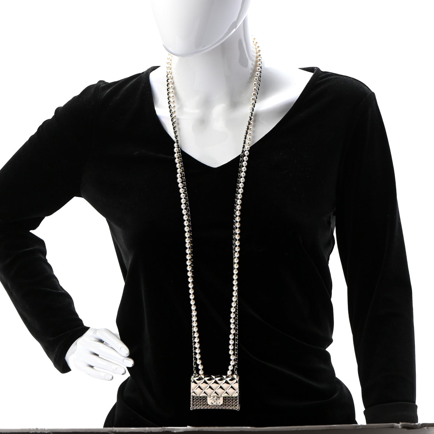 Metal Lambskin Pearl Chain Flap Bag Long Necklace Gold Black Pearly White