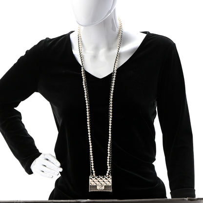 Chanel Metal Lambskin Pearl Chain Flap Bag Long Necklace Gold Black Pearly White 2 of 5