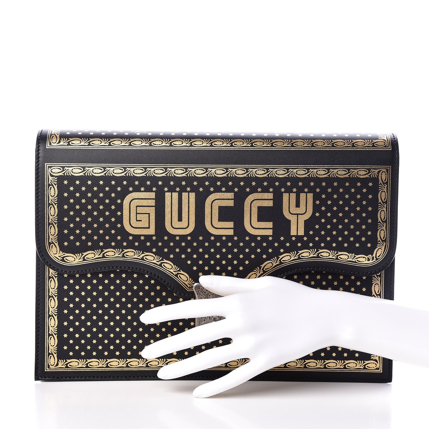 Gucci X SEGA Calfskin GUCCY Stars Portfolio Bag Black Gold 2 of 11