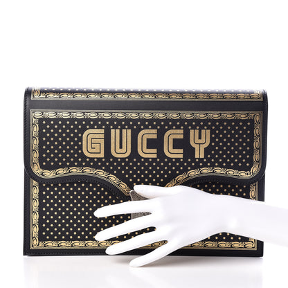 Gucci X SEGA Calfskin GUCCY Stars Portfolio Bag Black Gold 2 of 11