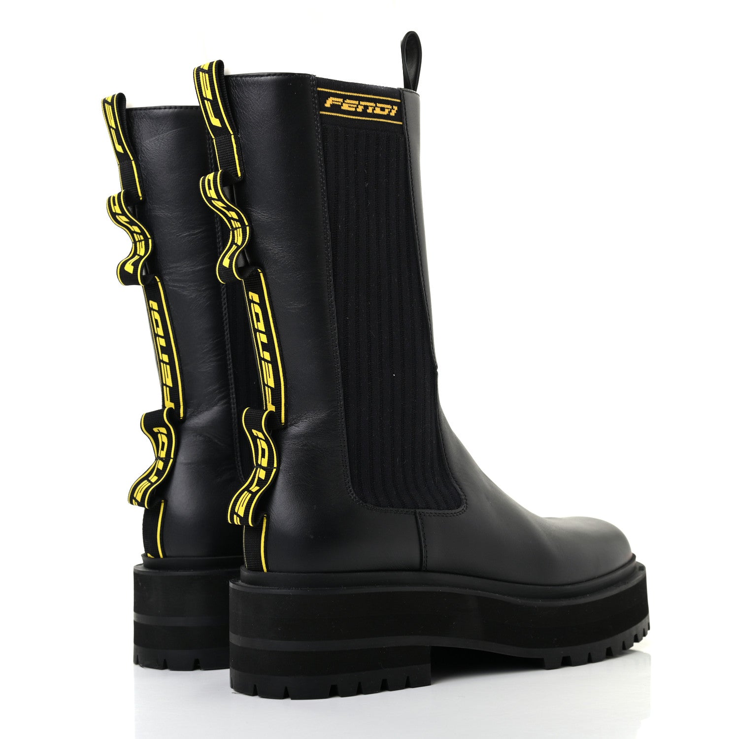 Fendi Vitello Stretch Fabric Logo Tape Rockoko Promenade 50mm Biker Boots 37 Black Yema 4 of 6