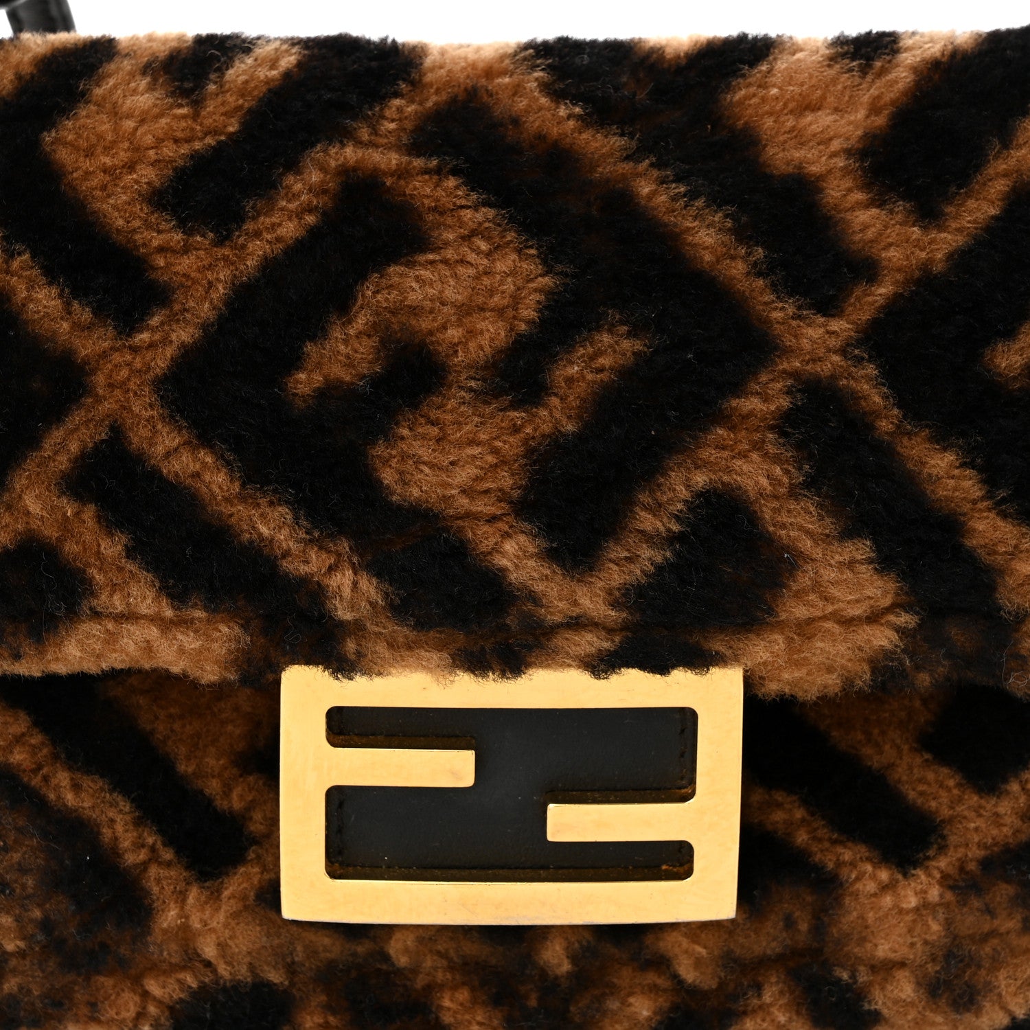 Fendi Shearling Vitello Dolce Macro FF 1974 Mini Baguette Tobacco Black 8 of 12