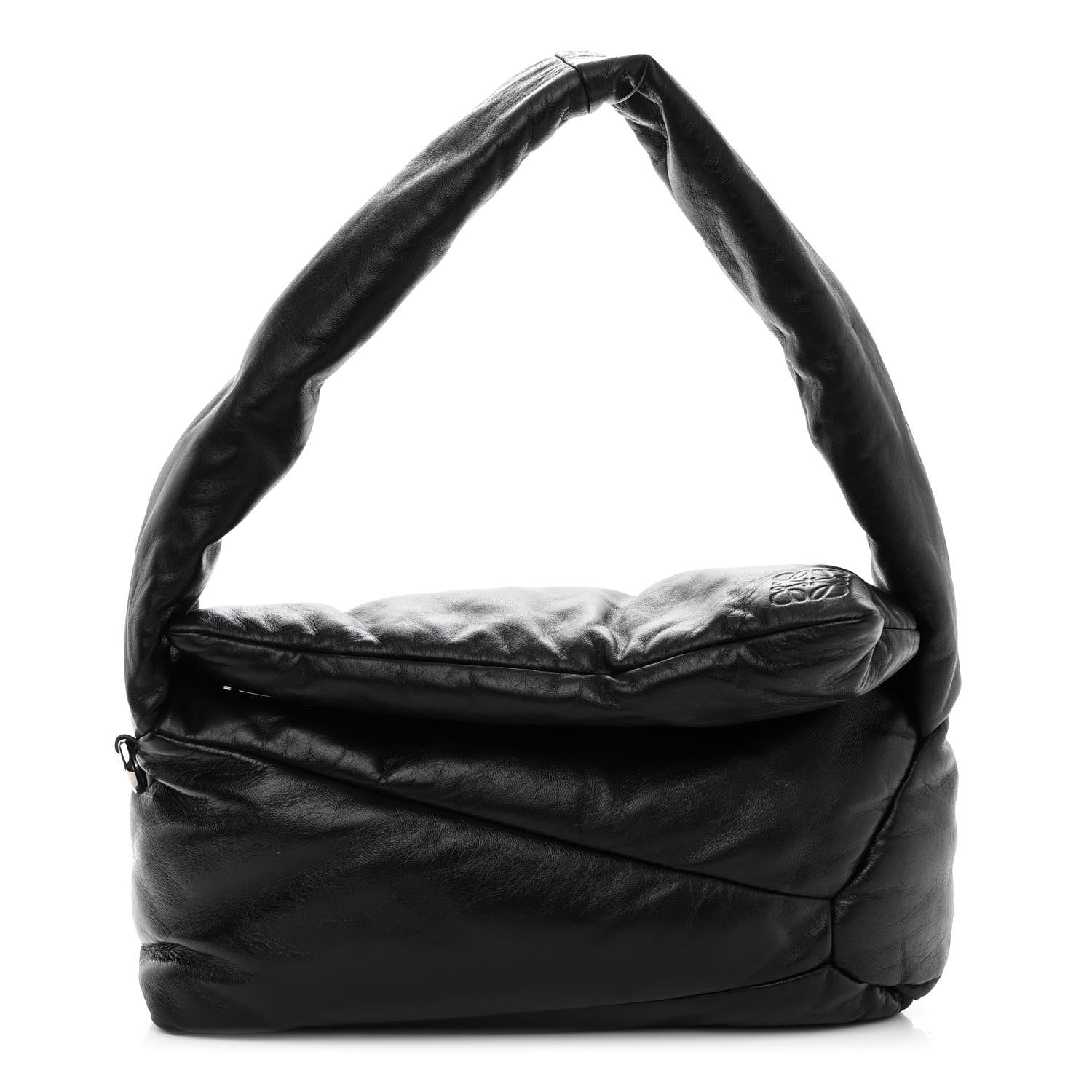 front view image of a LOEWE Shiny Nappa Puffer Puzzle Hobo in the color Black by FASHIONPHILE
