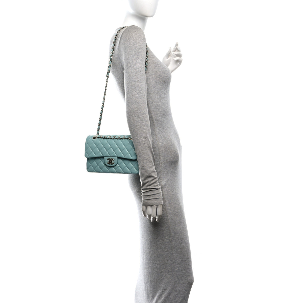 Caviar Quilted Small Double Flap Light Blue
