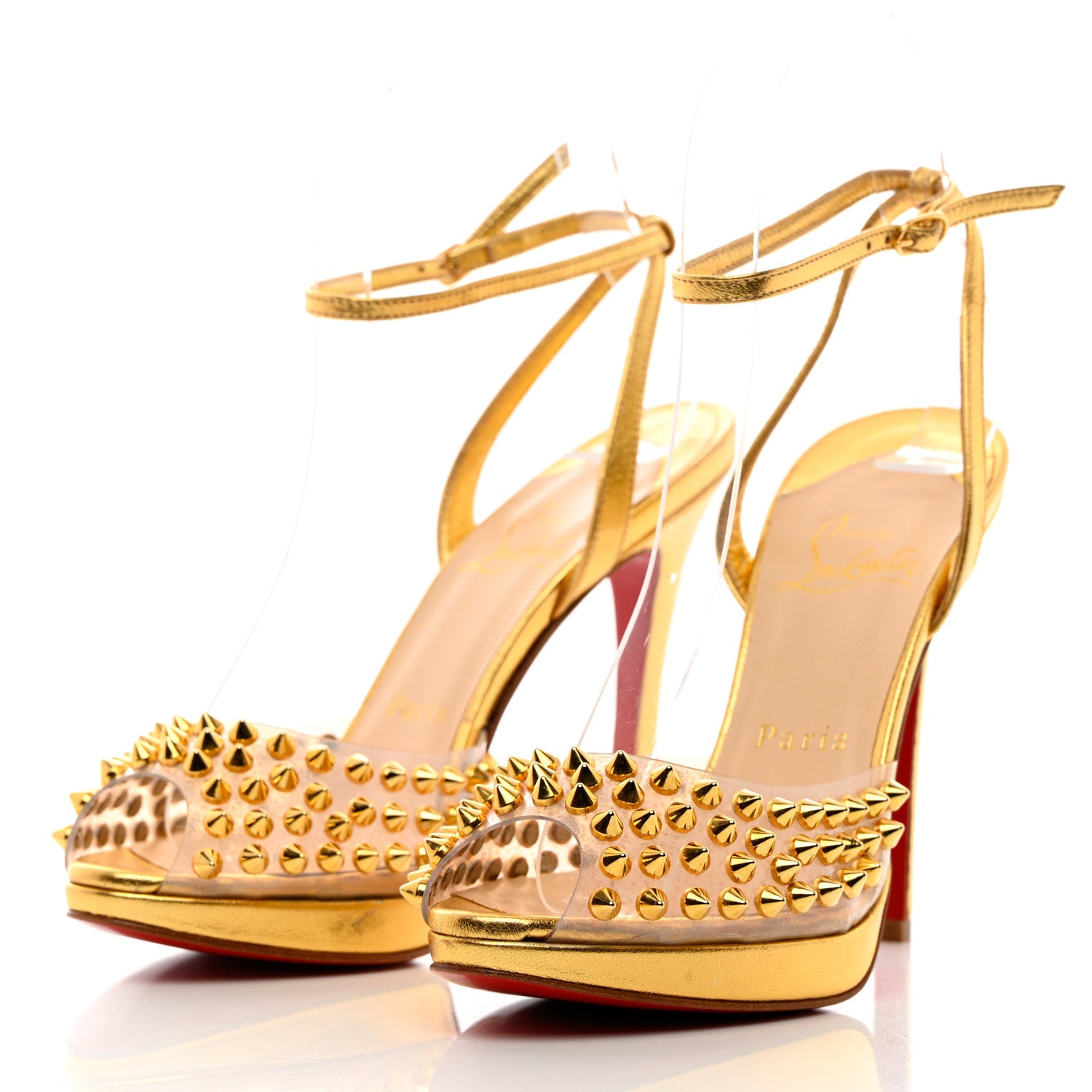 Christian Louboutin Nappa PVC Spiked St Jeannette 120 Peep Toe Pumps 35.5 Gold 3 of 14