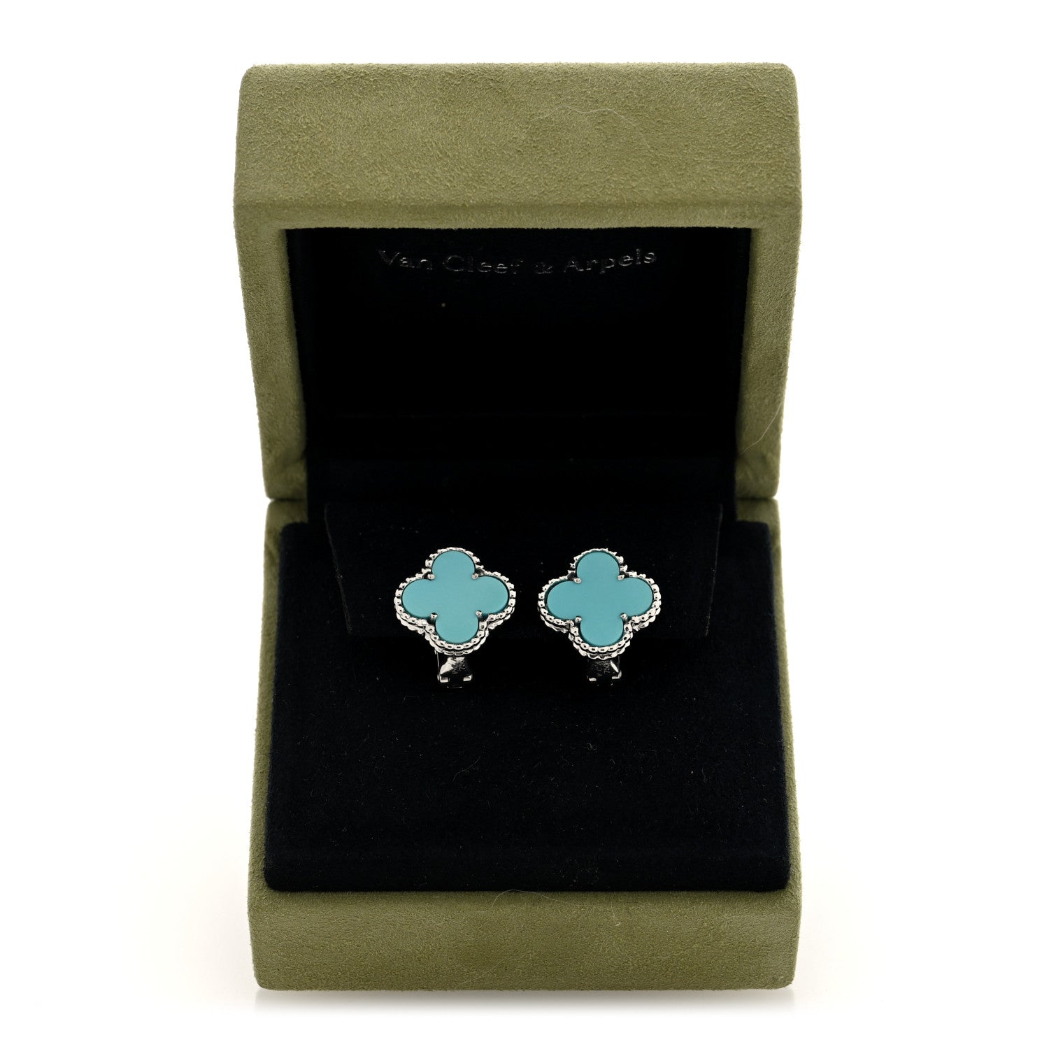 Van Cleef & Arpels 18K White Gold Turquoise Vintage Alhambra Earrings 5 of 5