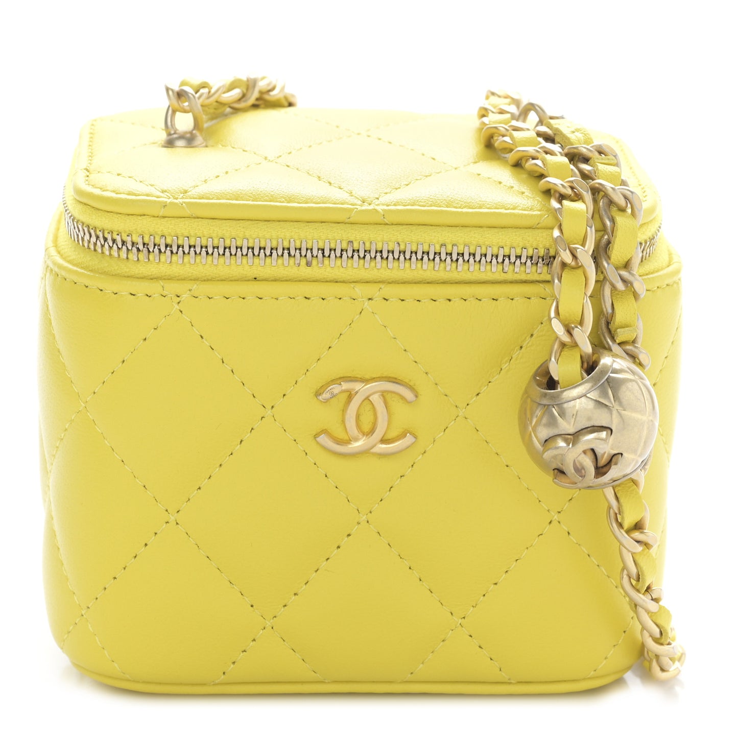 Lambskin Quilted Mini Pearl Crush Vanity Case With Chain Yellow