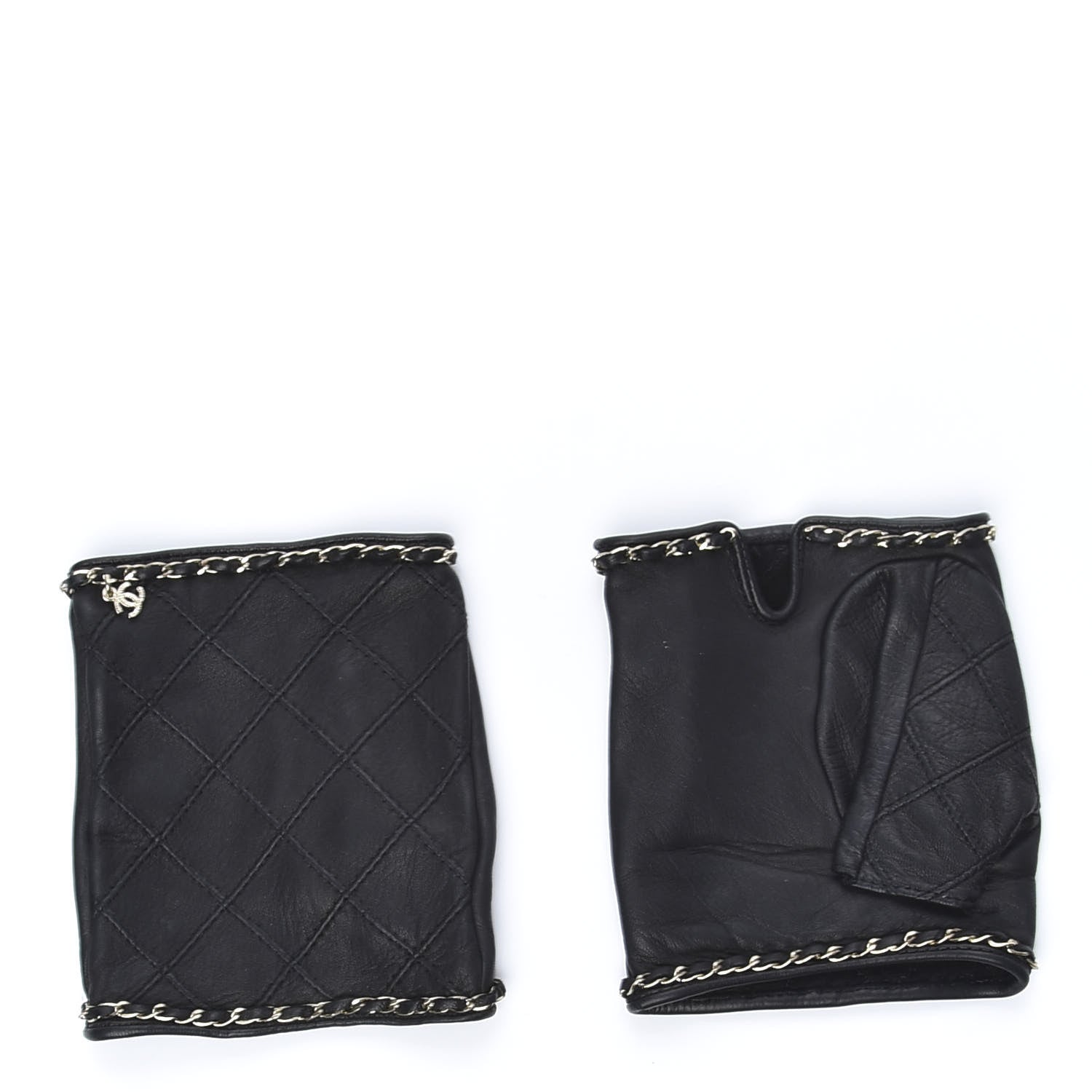 Chanel Lambskin Fingerless Chain CC Gloves 7.5 Black 2 of 6