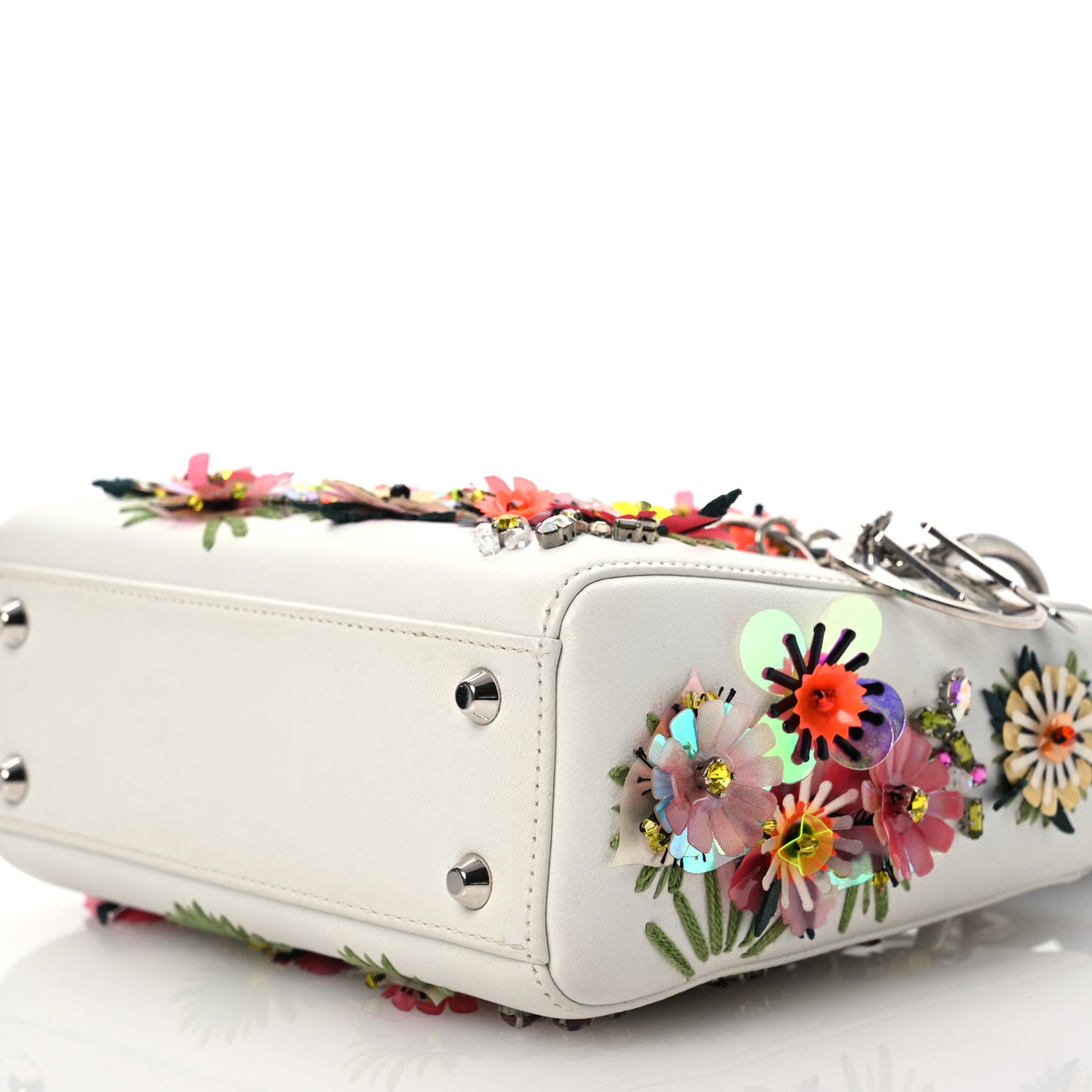 Lizard Satin Beaded Floral Embroidered Mini Lady Dior White Green Multicolor