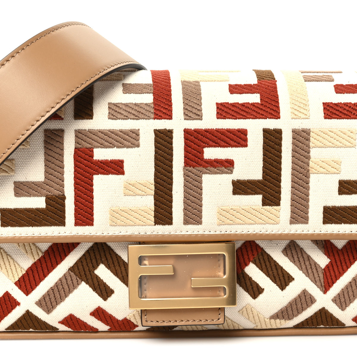 Canvas Vitello Seta FF Embroidered Baguette Grezzo Soft Gold Multicolor