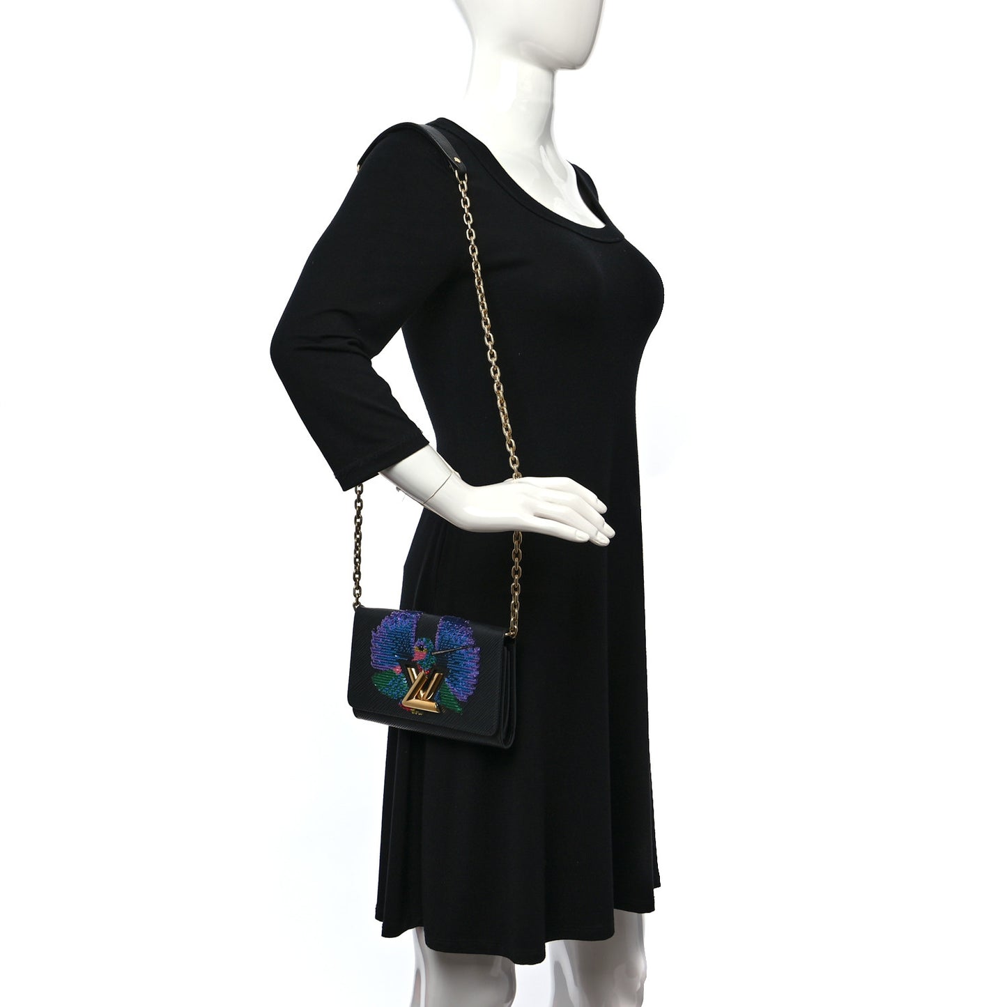 Epi Sequin Bird Twist Chain Wallet PM Black