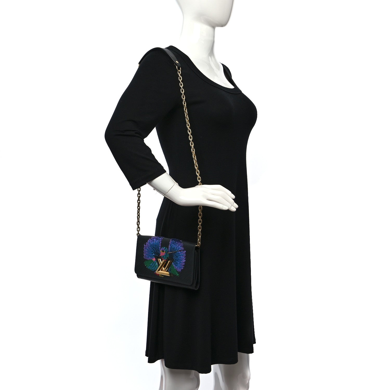 Louis Vuitton Epi Sequin Bird Twist Chain Wallet PM Black 2 of 8
