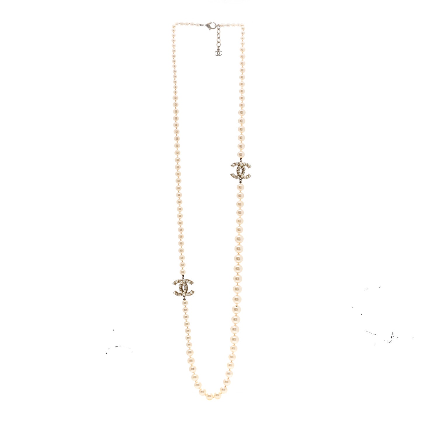 Crystal Pearl CC Long Necklace Silver