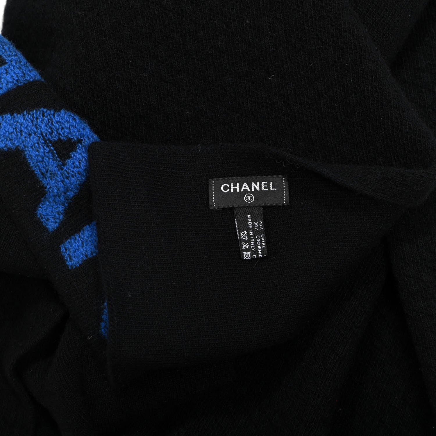 Chanel Cashmere Wool Logo Scarf Black Blue 3 of 4