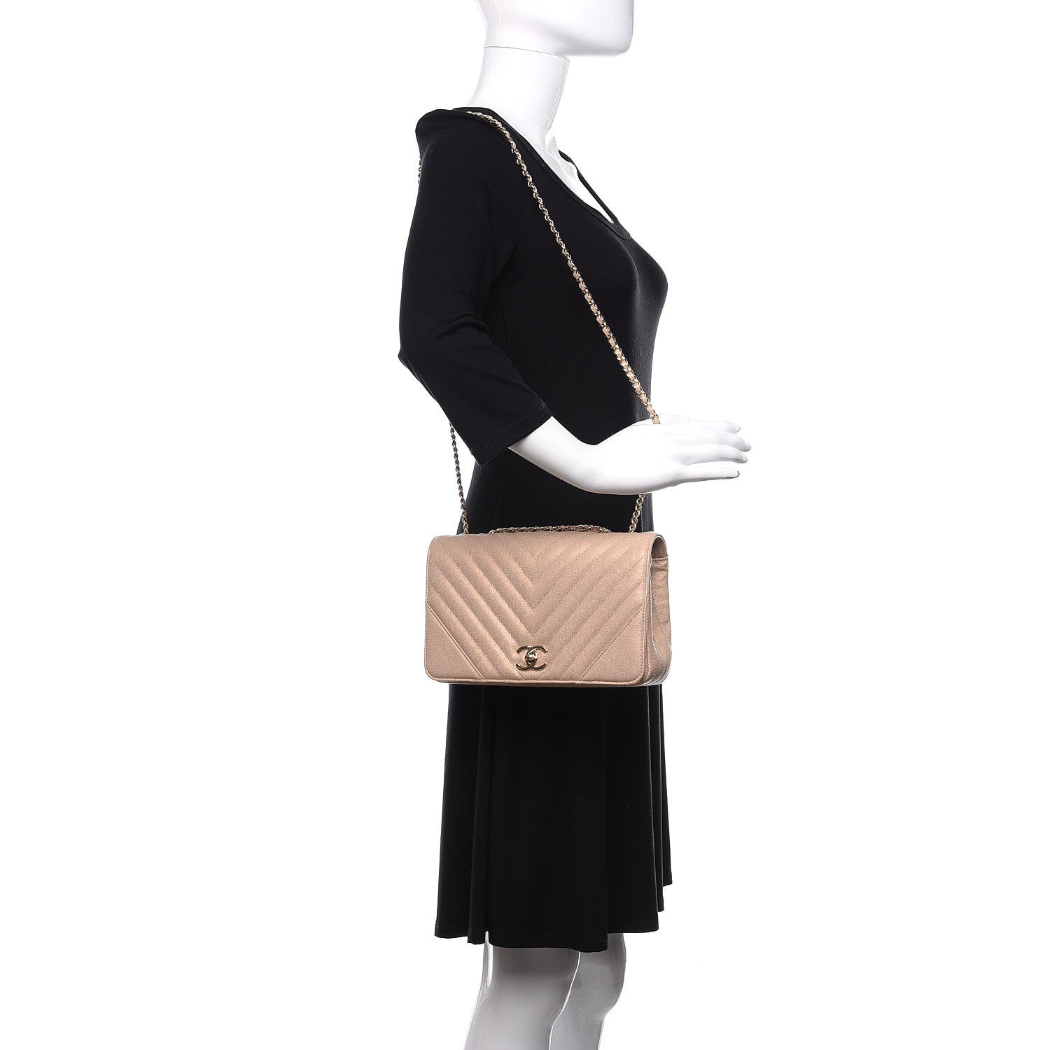 Chanel Metallic Caviar Chevron Quilted Medium Statement Flap Beige 2 of 10