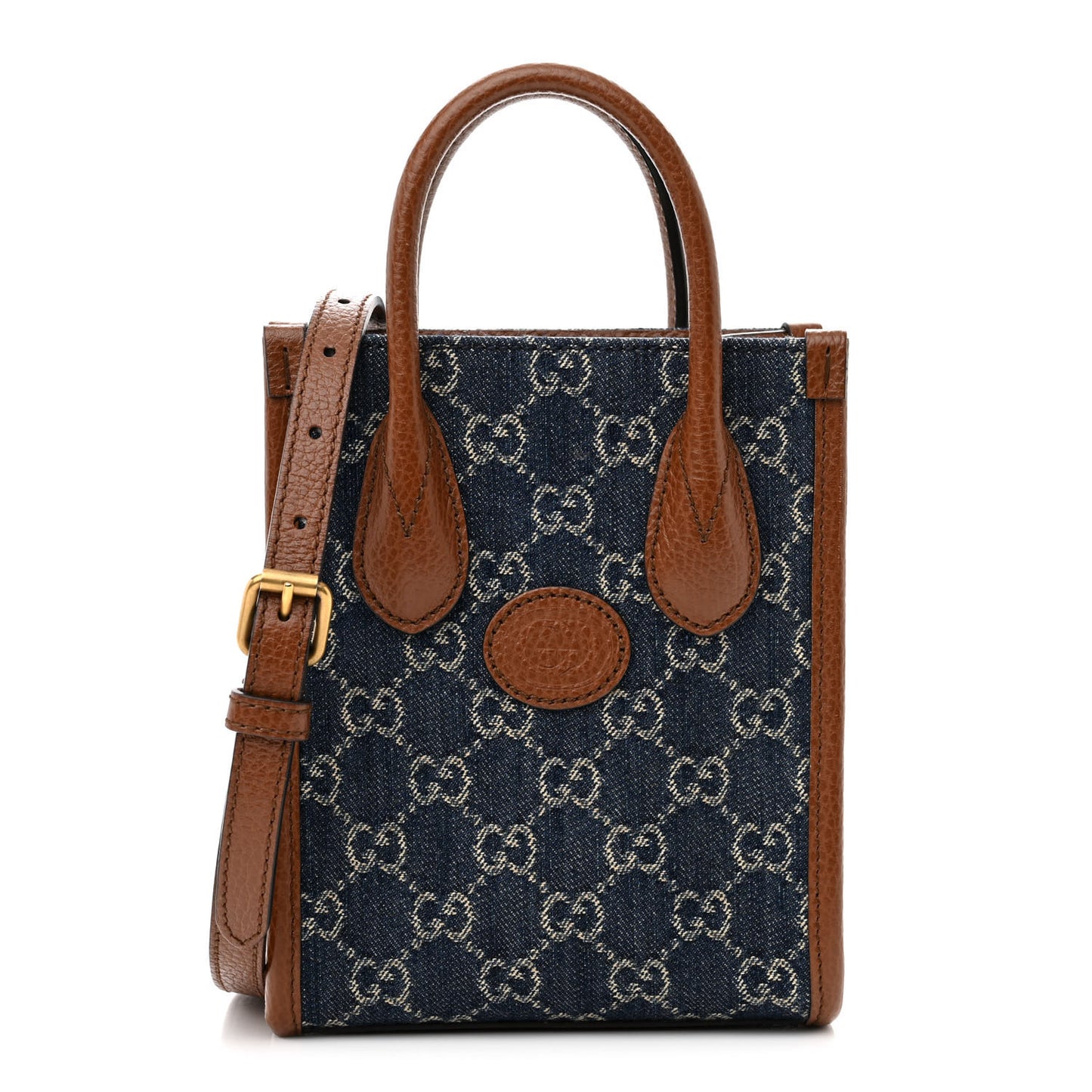 New Denim GG Monogram Dollar Calfskin Mini Retro Interlocking G Tote Bag Blue Tea Cuir Epilog