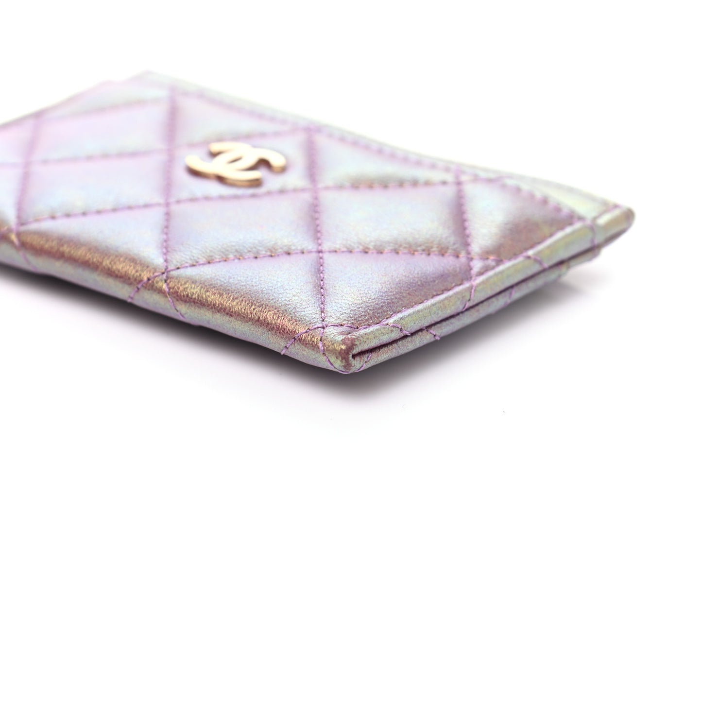 Iridescent Lambskin Quilted Card Holder Purple