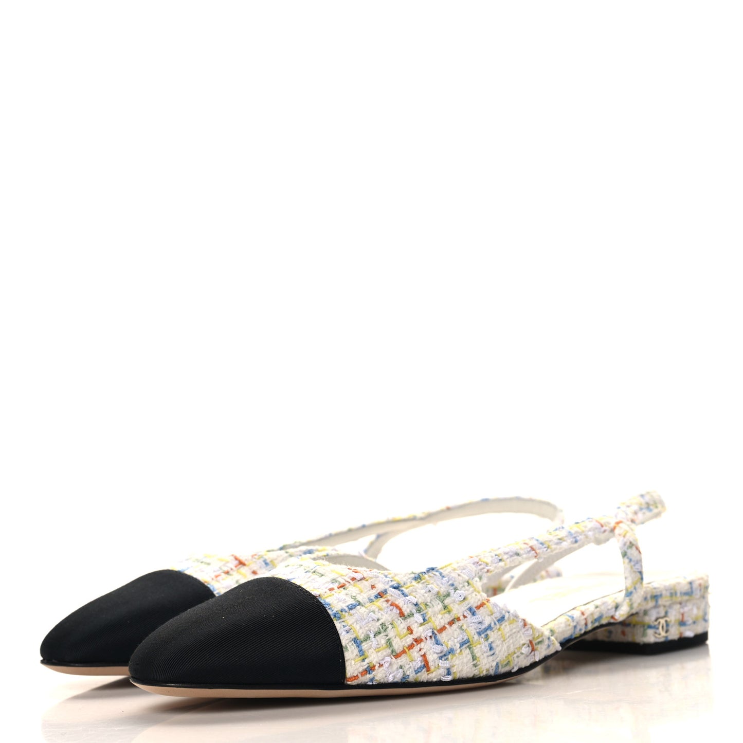 Tweed Grosgrain Cap Toe CC Slingback Flat 40 White Multicolor