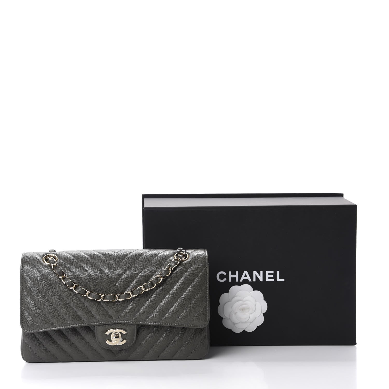 Chanel Caviar Chevron Quilted Medium Double Flap Dark Grey 11 of 11
