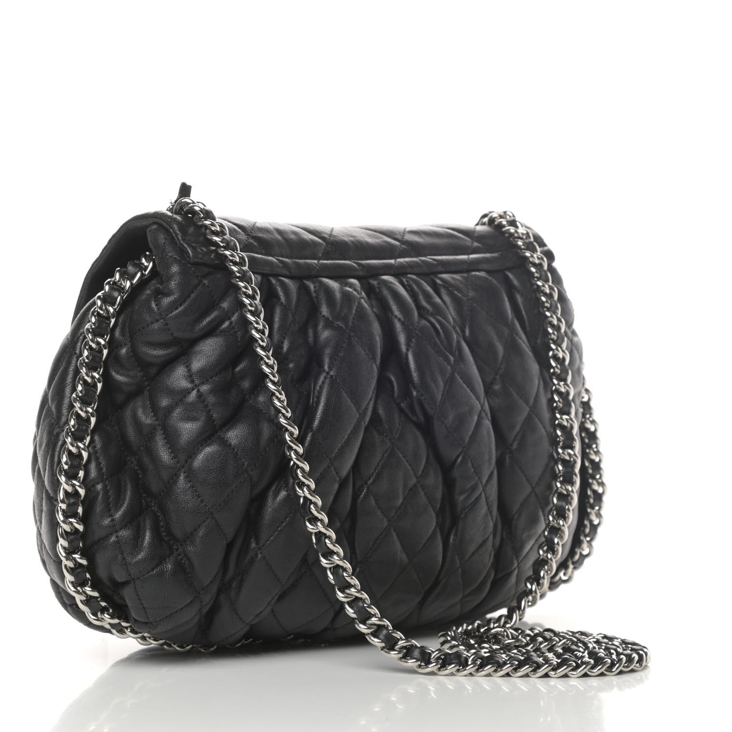 Washed Lambskin Quilted Large Chain Around Flap Black