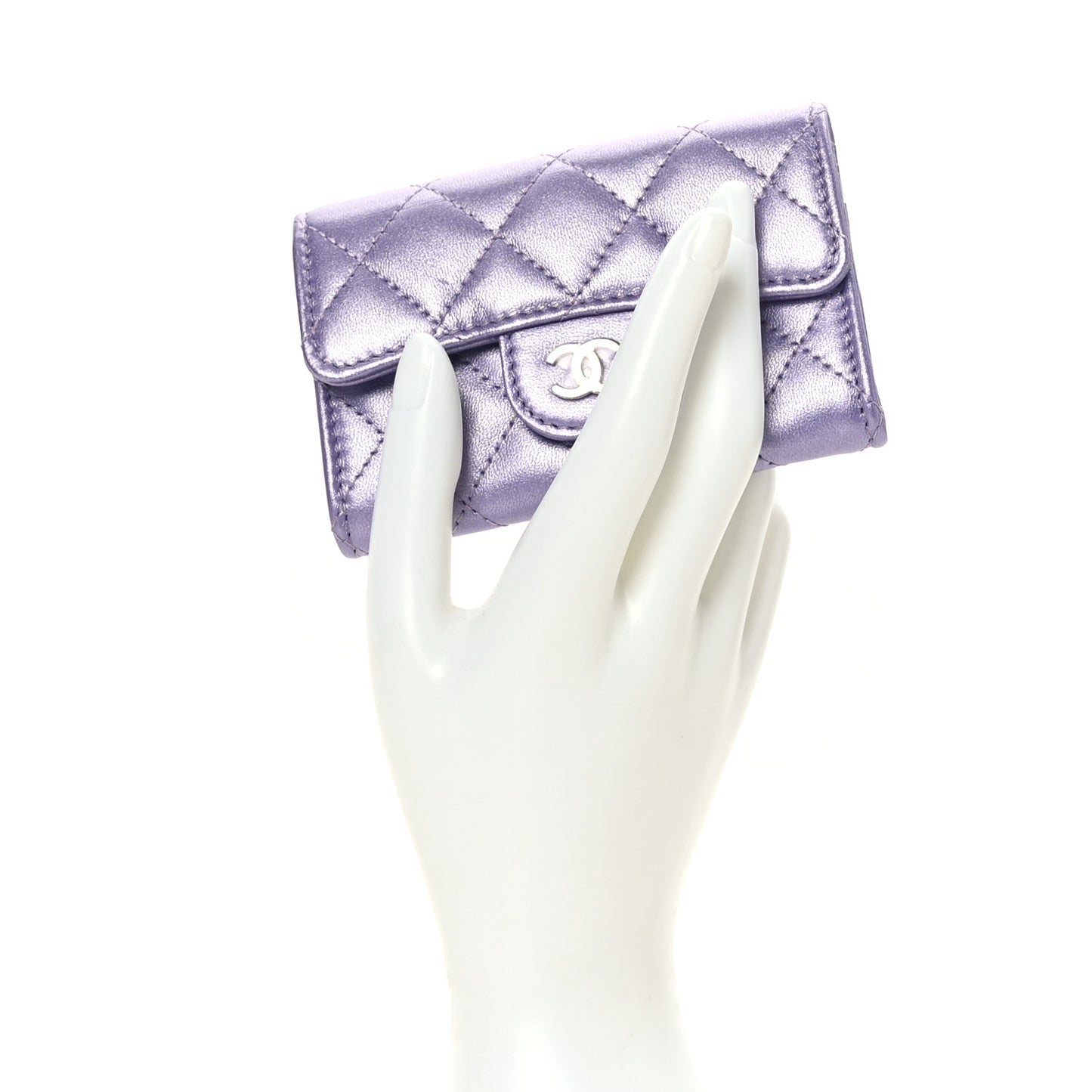 Metallic Lambskin Quilted Flap Card Holder Light Purple