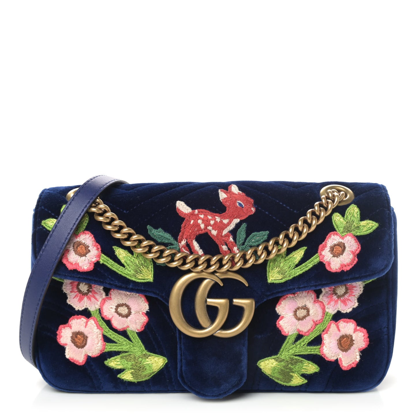Velvet Matelasse Deer Embroidered Small GG Marmont Shoulder Bag Cobalt