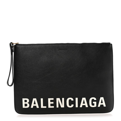Balenciaga Calfskin Logo Large Cash Pouch With Handle Black White 1 of 7