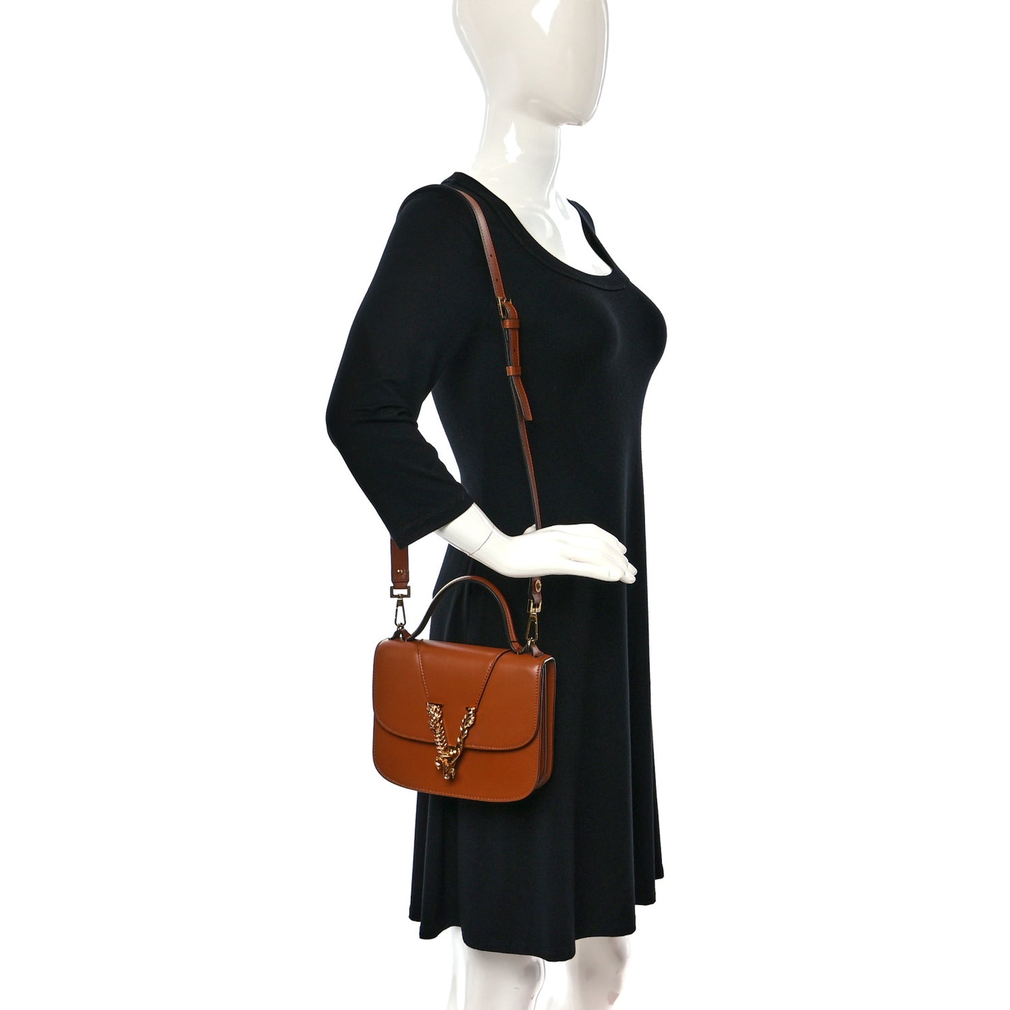 Vitello Barocco Virtus Small Top Handle Shoulder Bag Brown