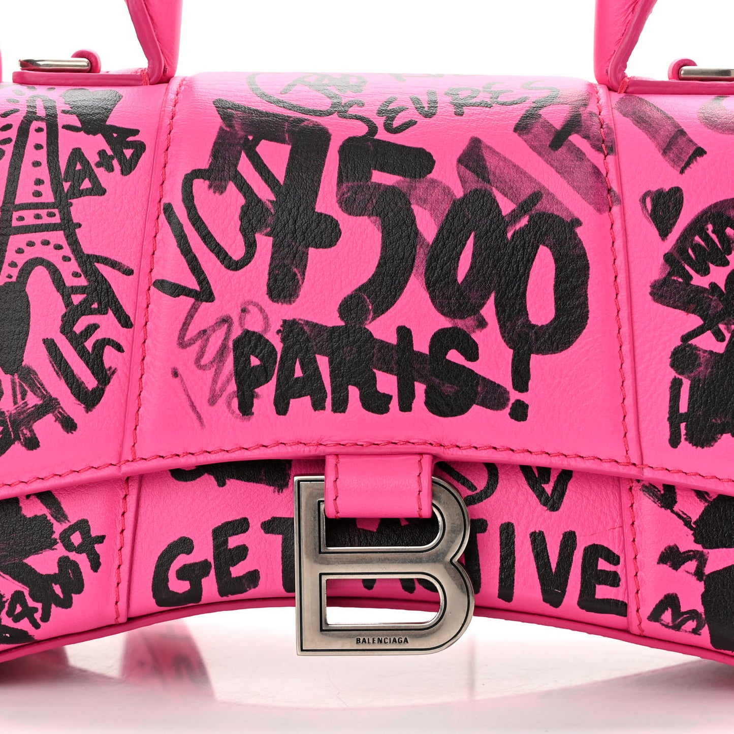 Smooth Calfskin Graffiti Hourglass Top Handle Bag XS Acid Fuchsia Black