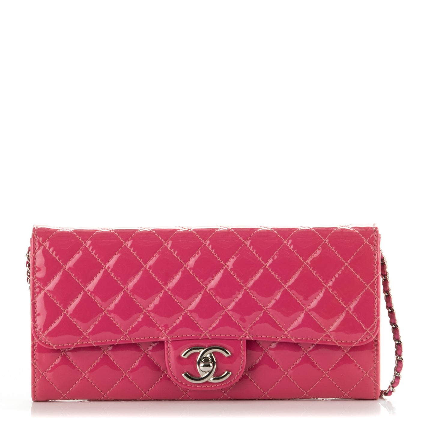 Patent Calfskin Quilted Flap Clutch With Chain Fuchsia