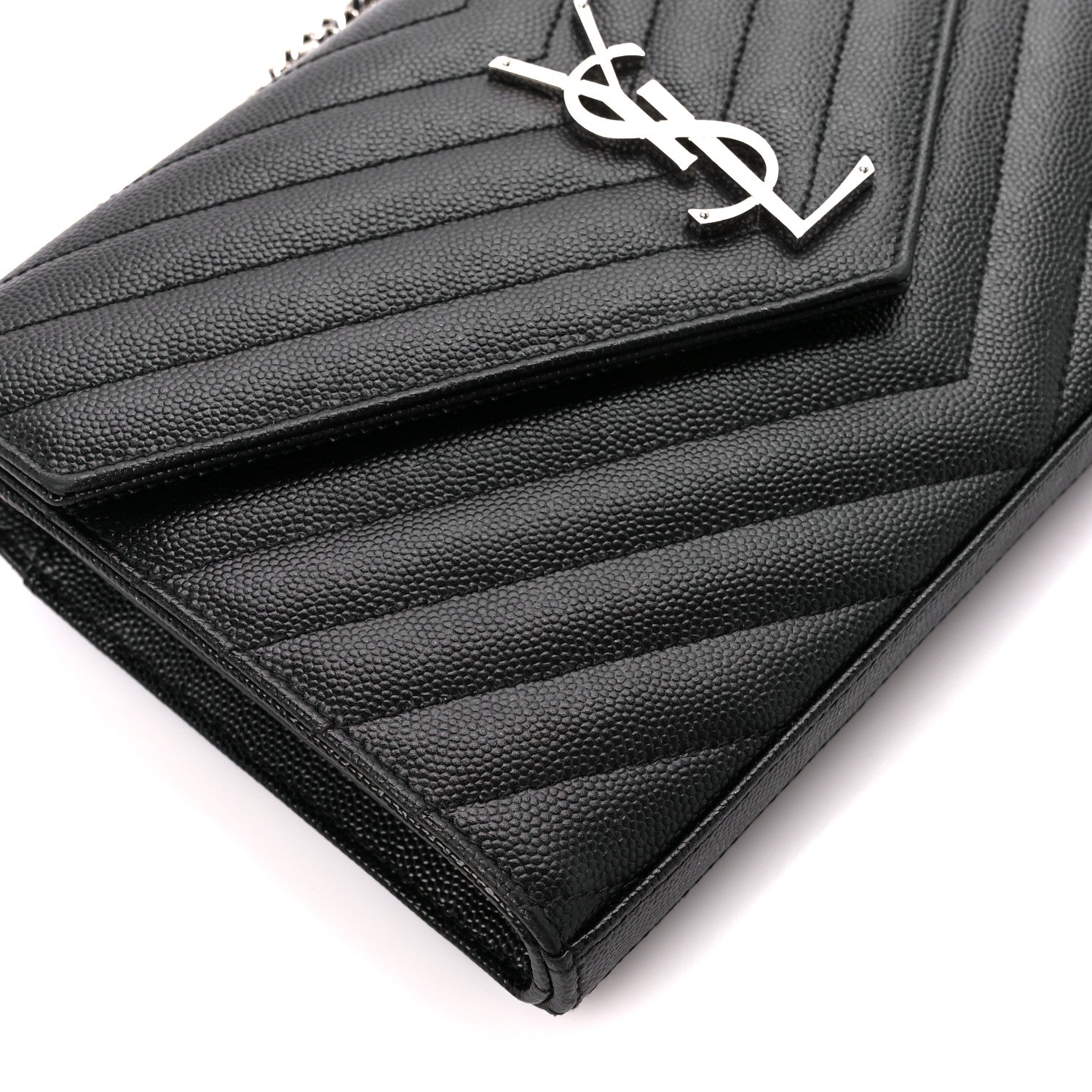 Saint Laurent Grain De Poudre Matelasse Chevron Monogram Chain Wallet Black 8 of 10
