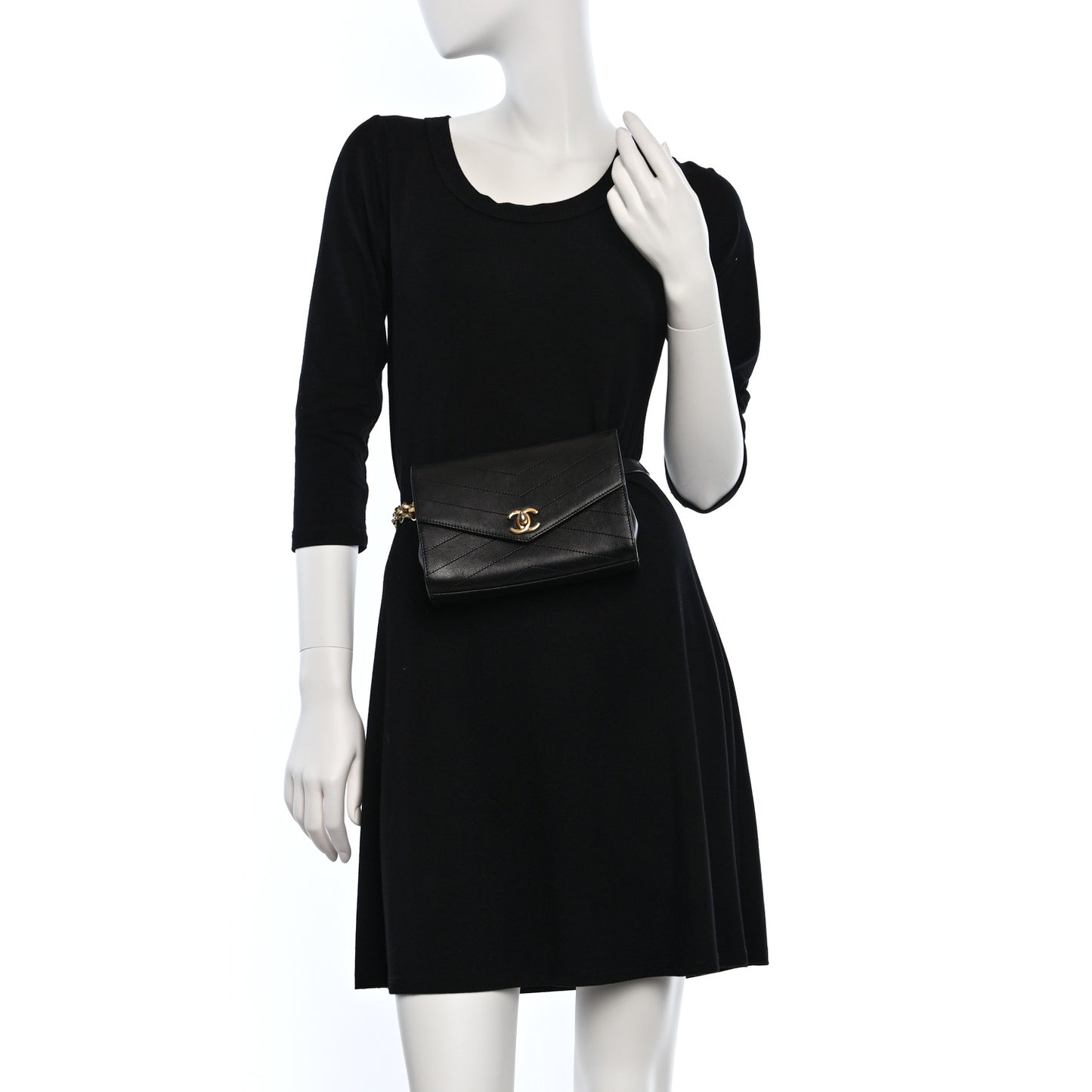 Calfskin Chevron Stitched Coco Waist Bag Black