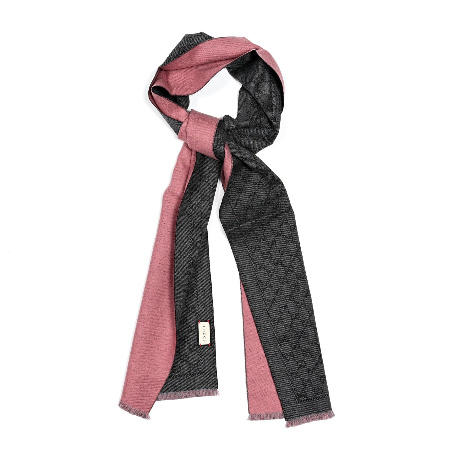 Wool GG Monogram Lonarin Fringe Scarf Anthracite Pink