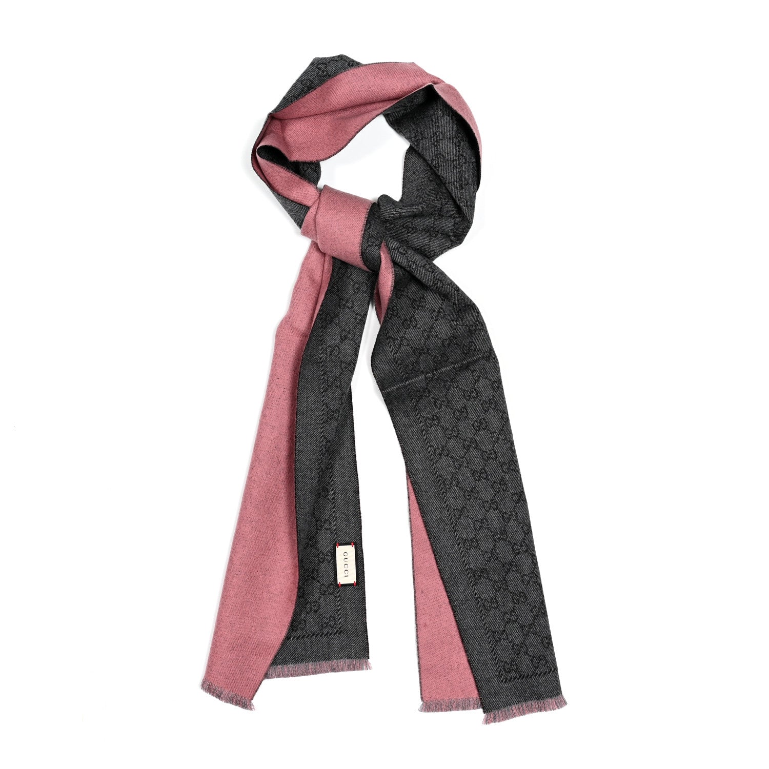 Gucci Wool GG Monogram Lonarin Fringe Scarf Anthracite Pink 1 of 3