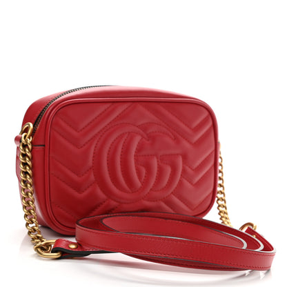 Gucci Calfskin Matelasse Mini GG Marmont Chain Shoulder Bag Hibiscus Red 3 of 10