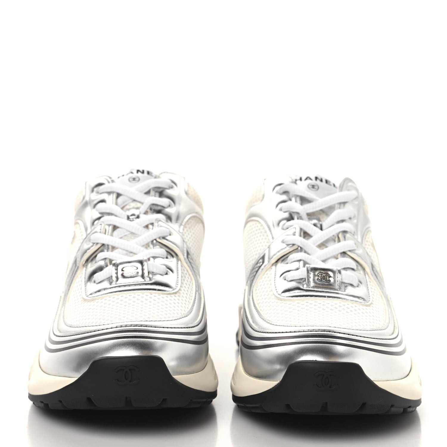 Chanel Fabric Laminated Calfskin Stretch CC Womens Sneakers 39.5 White Silver 3 of 10