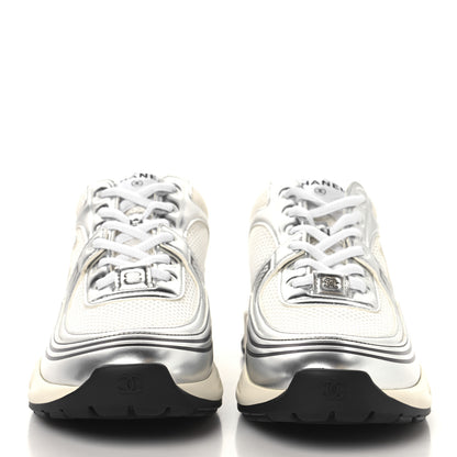 Chanel Fabric Laminated Calfskin Stretch CC Womens Sneakers 39.5 White Silver 3 of 10