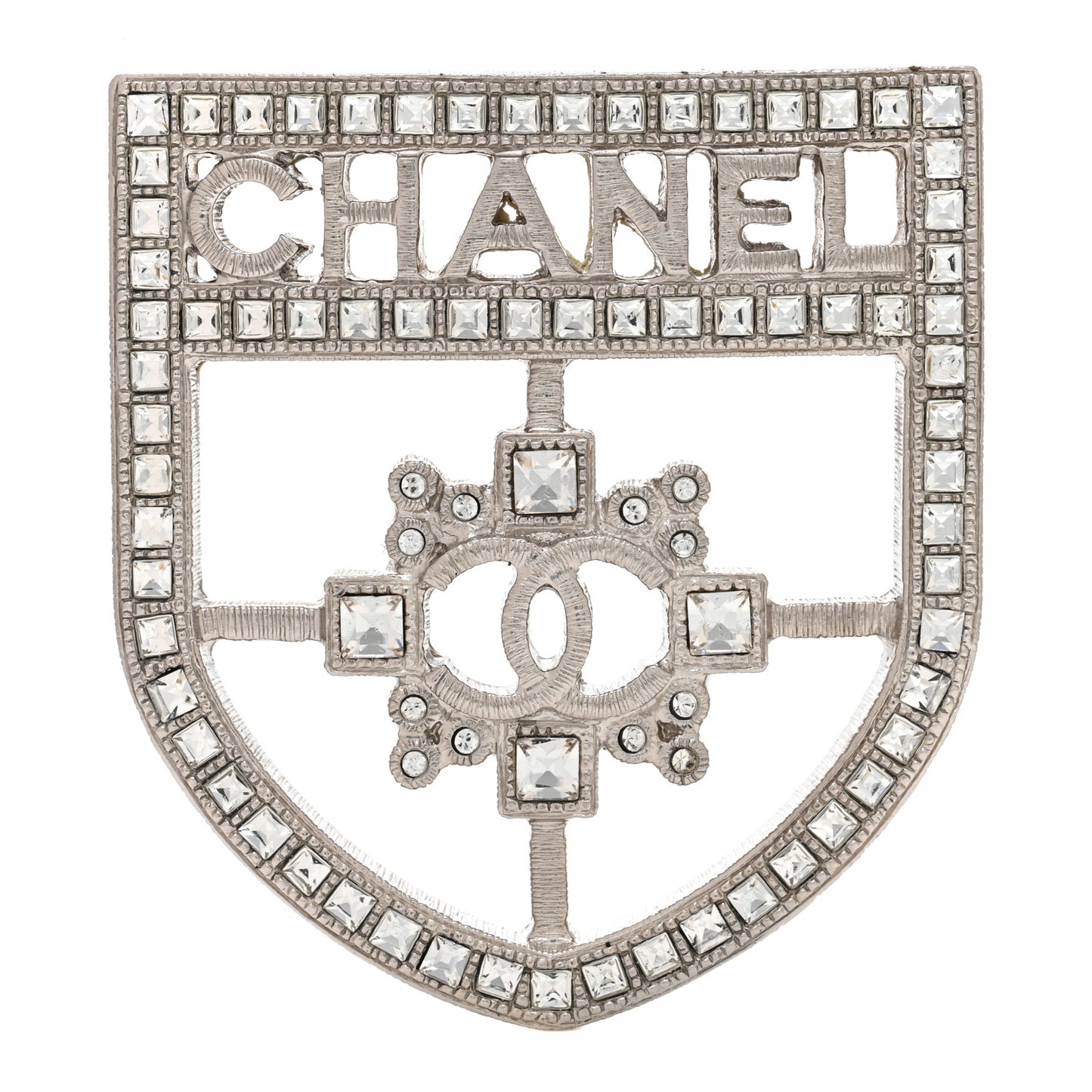 Swarovski Baguette Crystal CC Shield Brooch Silver