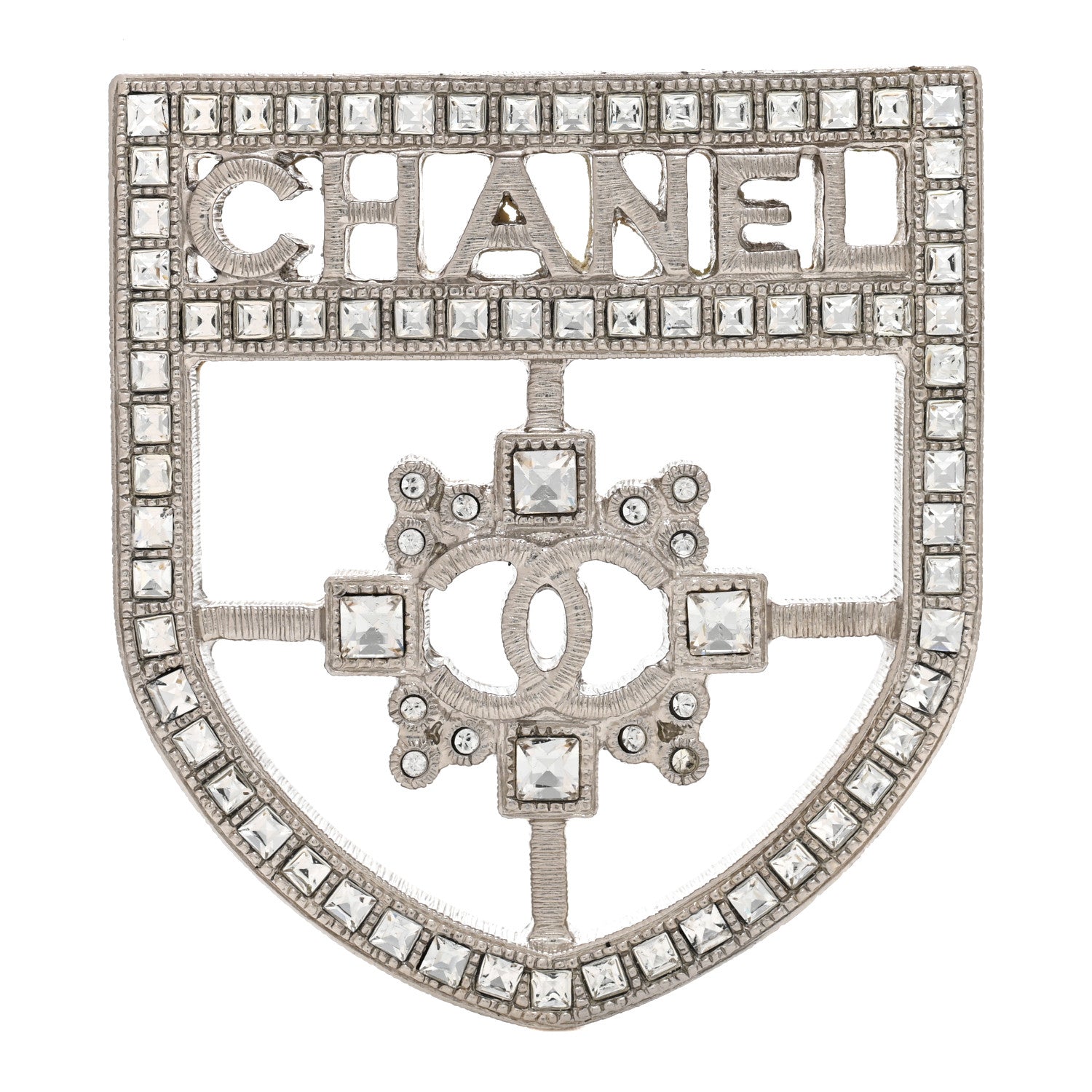 Chanel Swarovski Baguette Crystal CC Shield Brooch Silver 1 of 5