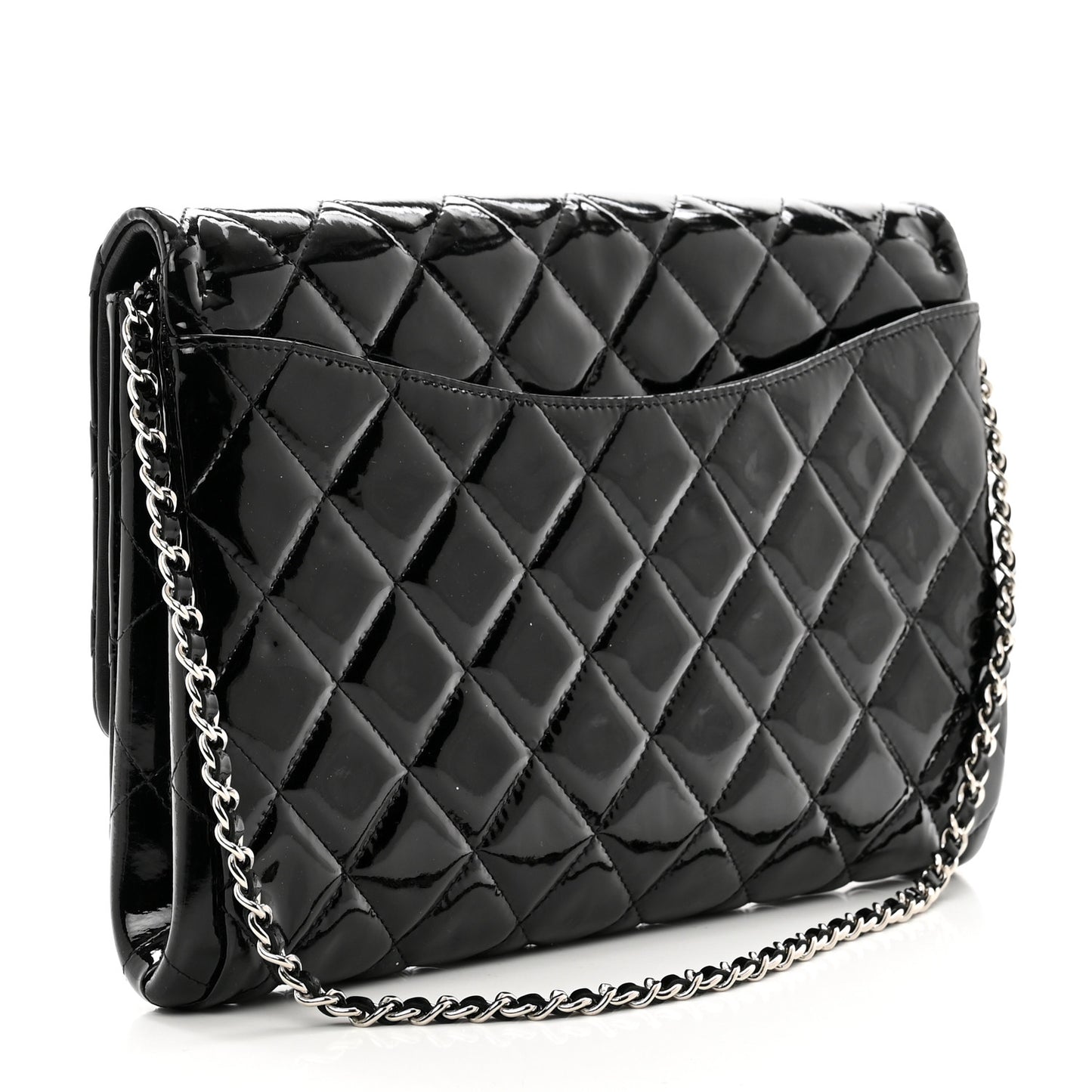 Patent Quilted Clutch with Chain Flap Black